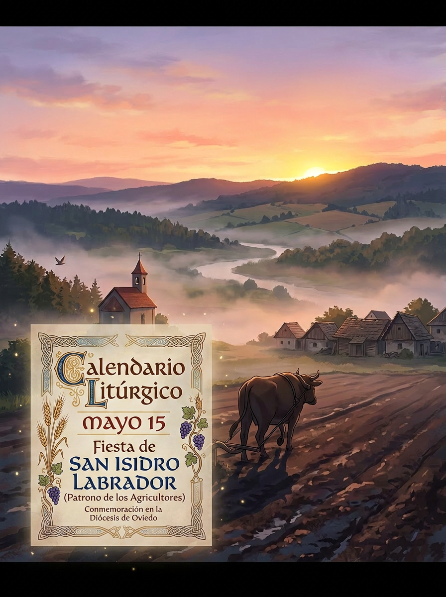 San Isidro Labrador feast announcement with agricultural landscape and plowing ox
