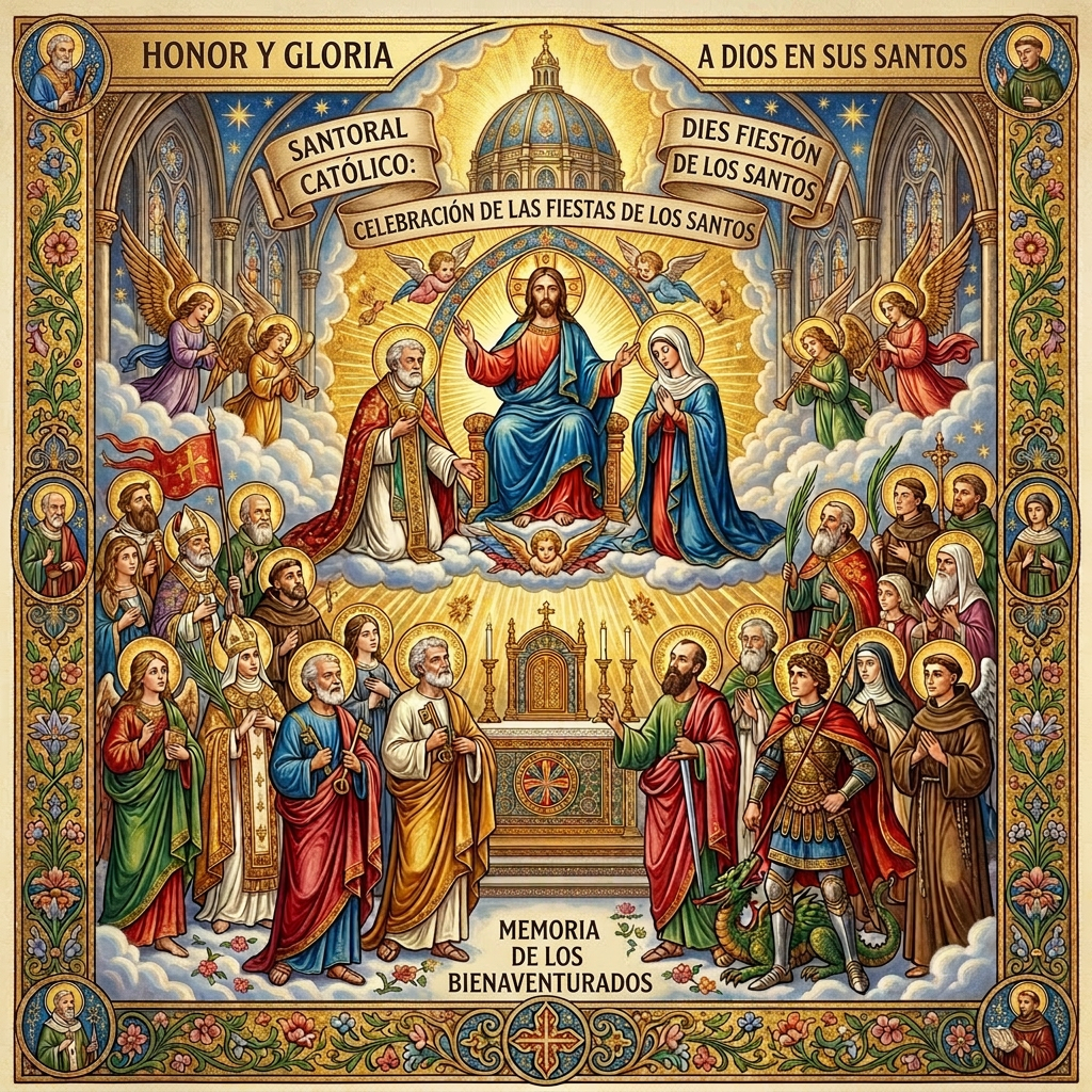 Catholic religious artwork showing Jesus, Mary, angels, and numerous saints with banners celebrating feast of saints